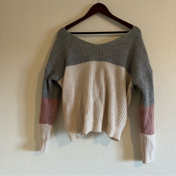 Women's Main Strip Striped Knot Back Sweater in Mauve Size Small - Picture 4 of 9